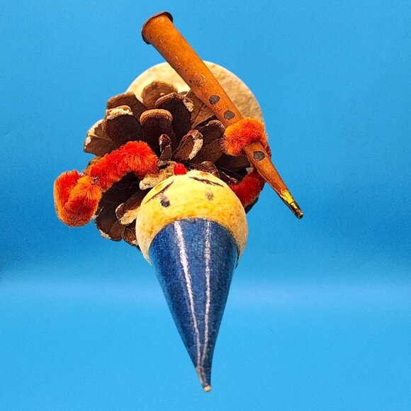 Vintage Bobblehead Elf Ornament Pinecone Body Spun Cotton Chenille Clarinet 50s - Picture 7 of 9